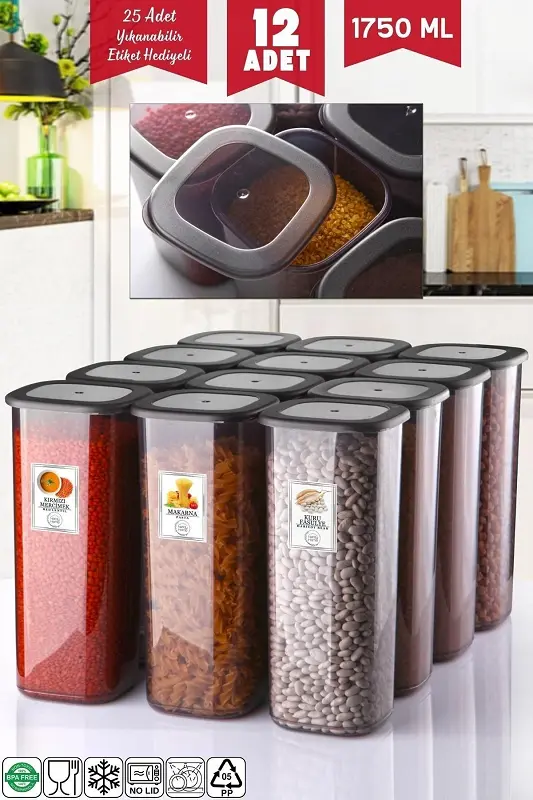 Etiketli 12 Adet 1750 Ml Ekonomik Kırılmaz Antrasit Saklama Kabı